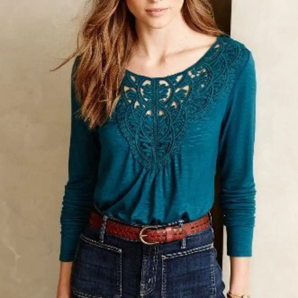 ANTHROPOLOGIE Bobbinlace Tee Knit Top Teal Crochet Lace Front Petite - Picture 1 of 6